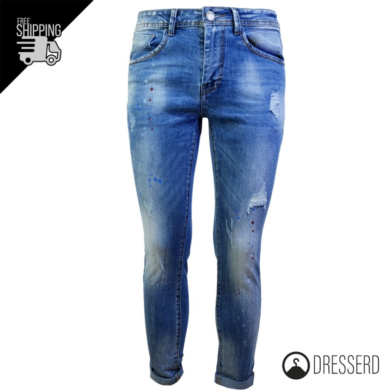Jeans Uomo Pantalone Elasticizzato con Strappi e schizzi di Vernice Dresserd