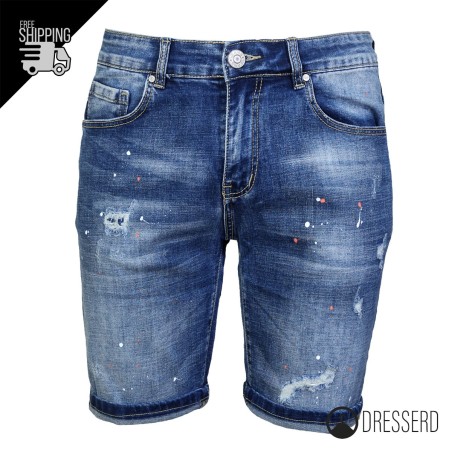 Bermuda Jeans Uomo Dresserd Effetto Schizzi Vernice Modello elasticizzato Slim Fit Pantaloncini