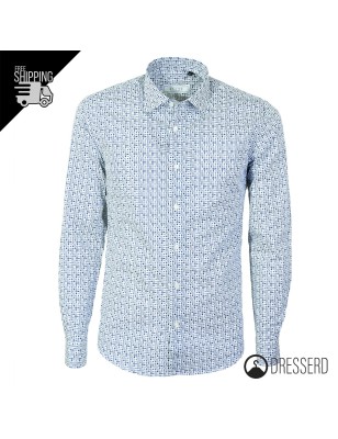 Camicia Uomo Slim Fit Manica Lunga Fantasia Blu Bianco Camicie Cotone Dresserd