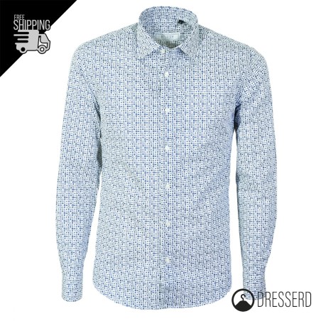 Camicia Uomo Slim Fit Manica Lunga Fantasia Blu Bianco Camicie Cotone Dresserd