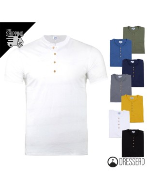 T-Shirt Uomo Serafino 100% Cotone Colletto Taglio Laser Maglia Mezza manica tinta unita Dresserd