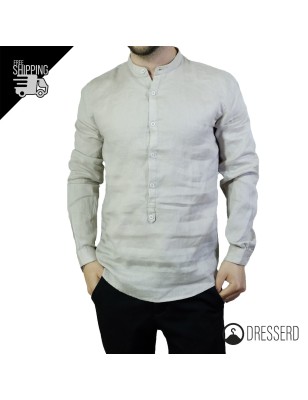 Camicia Uomo 100% Lino Collo coreano Camicie manica lunga Dresserd
