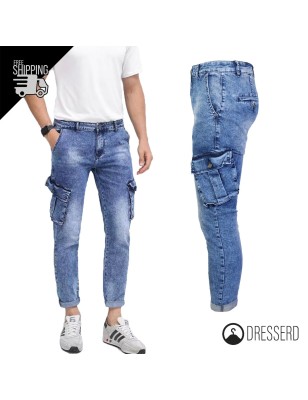 Pantalone uomo Cargo jeans con tasconi Pantaloni semi slim fit Gamba stretta Dresserd