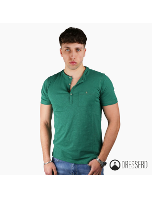 T-Shirt Uomo Serafino in cotone Fiammato Maglia mezza manica con Taschino 100% Cotone Dresserd